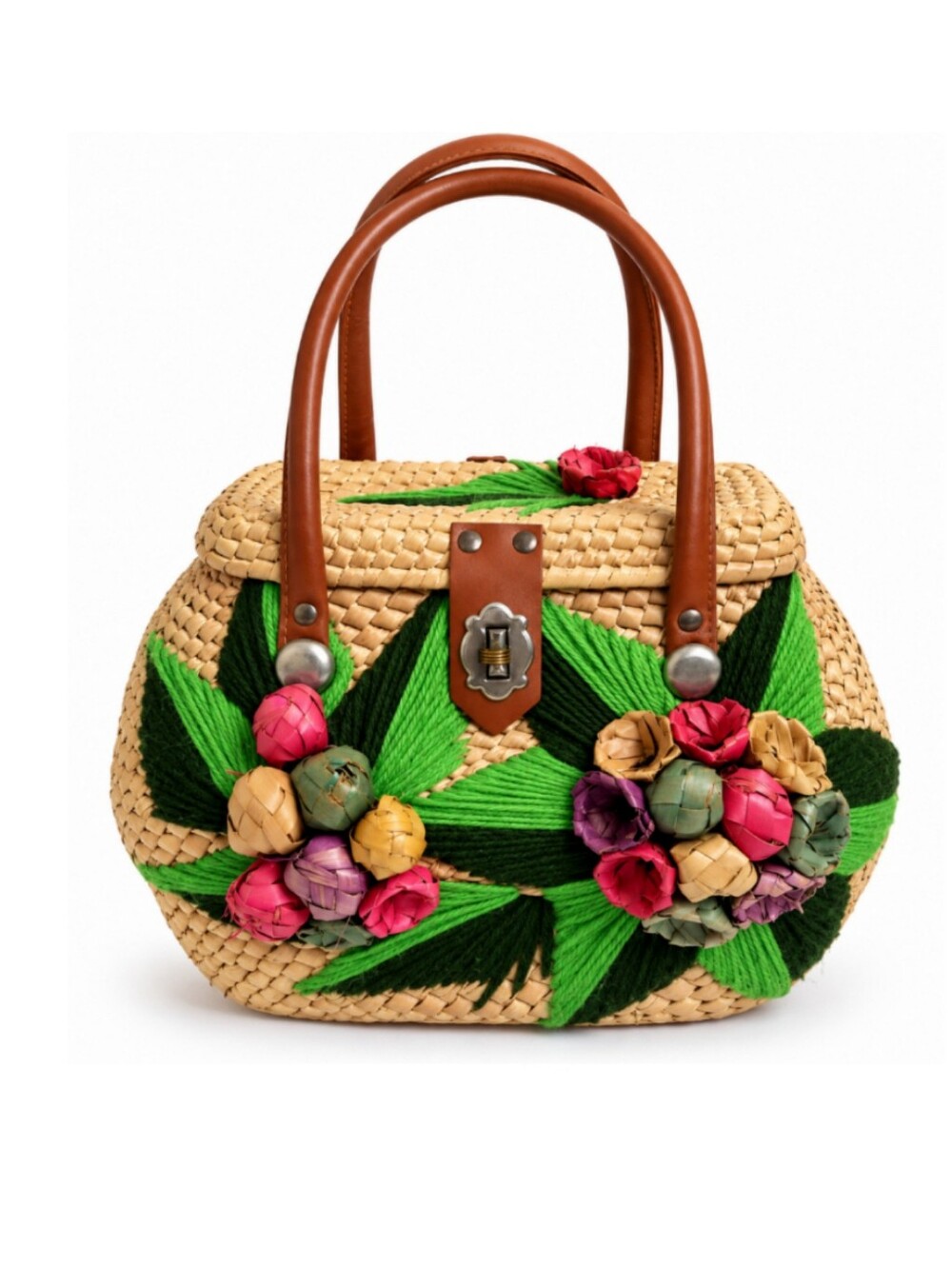 Vintage 1950s Woven Straw Box Purse Leather Handle MCM Basket Bag Satchel Flower